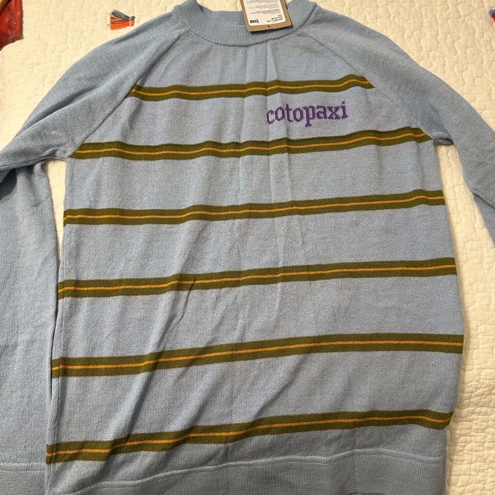 Cotopaxi Men's Blue Sweater with Green Stripes